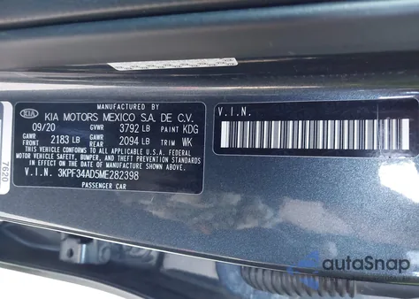 2021 Kia Forte Gt-Line из США, поврежденный, VIN 3KPF34AD5ME282398